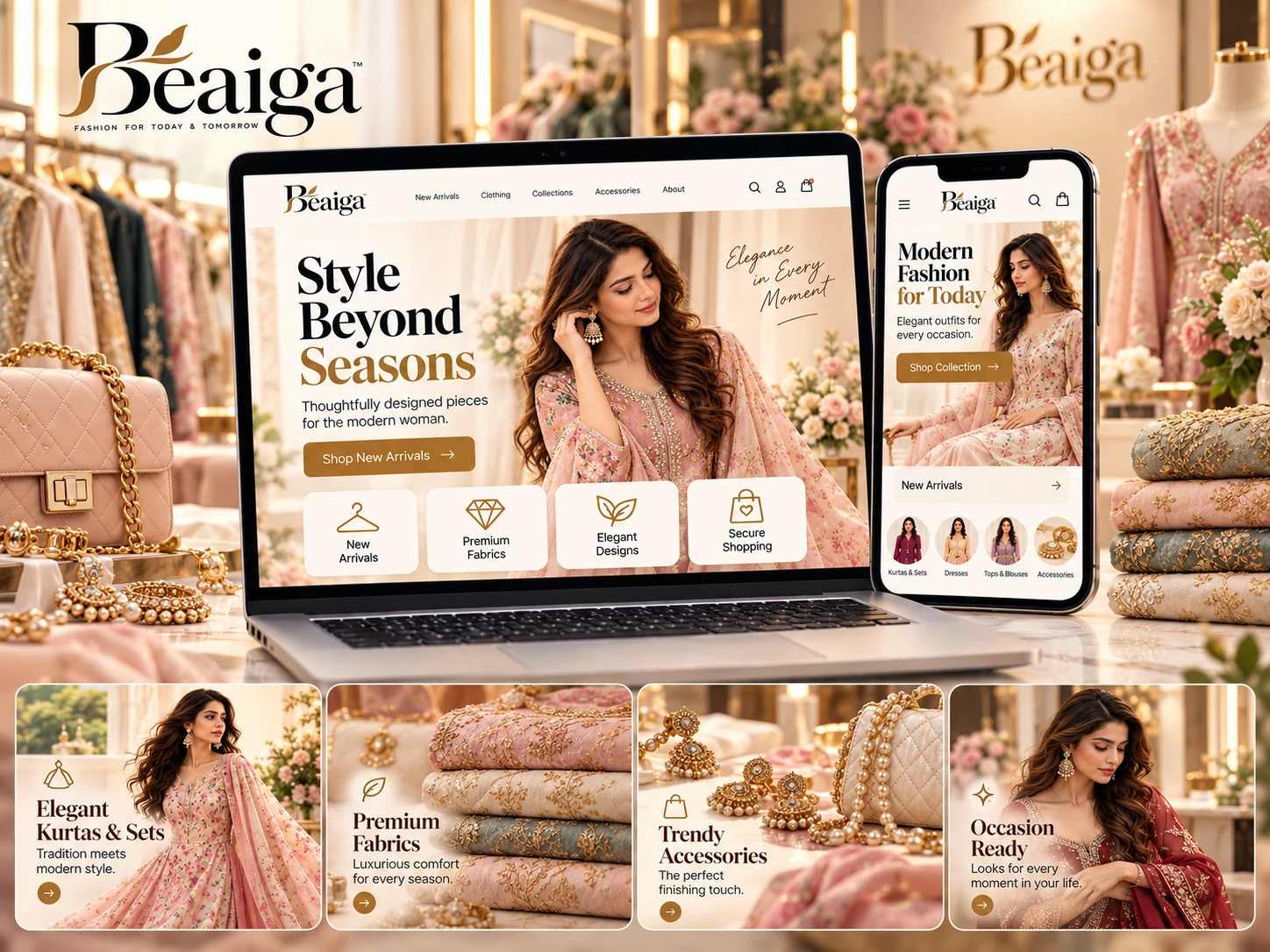 : Beaiga custom-coded fashion eCommerce website with desktop and mobile storefront layouts.