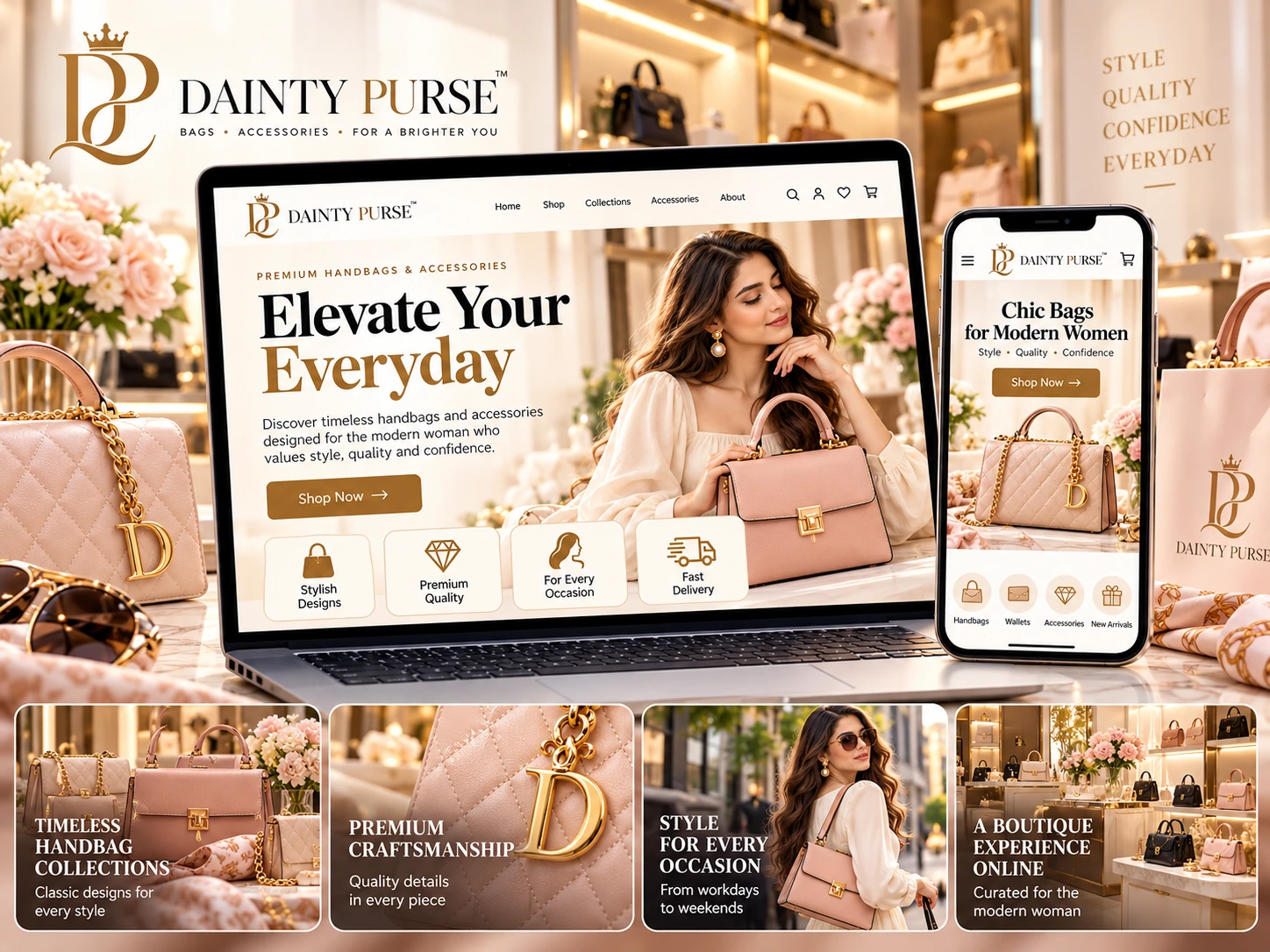 : Dainty Purse WooCommerce handbag store website design and mobile eCommerce experience by Codgenic