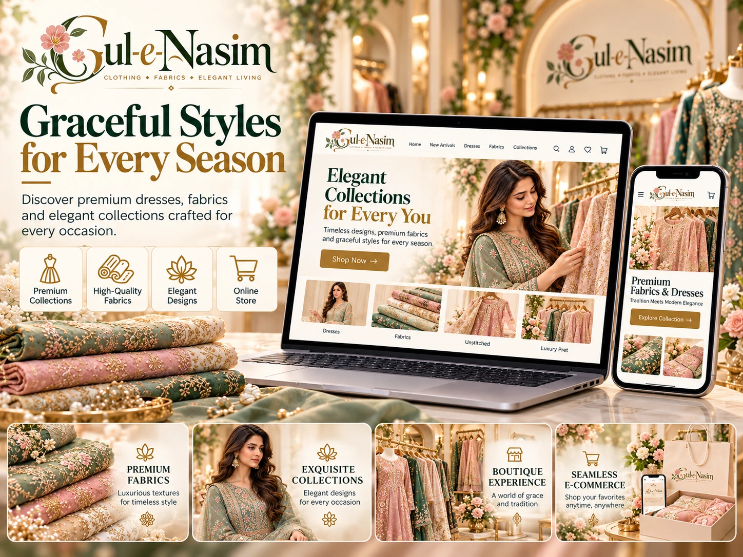 Gul-e-Nasim WooCommerce clothing store for Pakistani fashion collections on desktop and mobile.