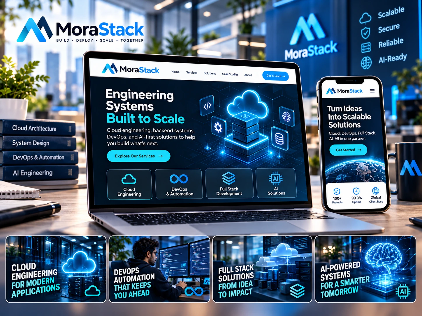 MoraStack corporate IT website showcasing cloud, DevOps and engineering services on laptop and smartphone