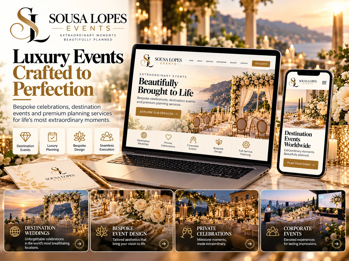: Sousa Lopes Events luxury bilingual event-planning website shown on desktop and mobile screens